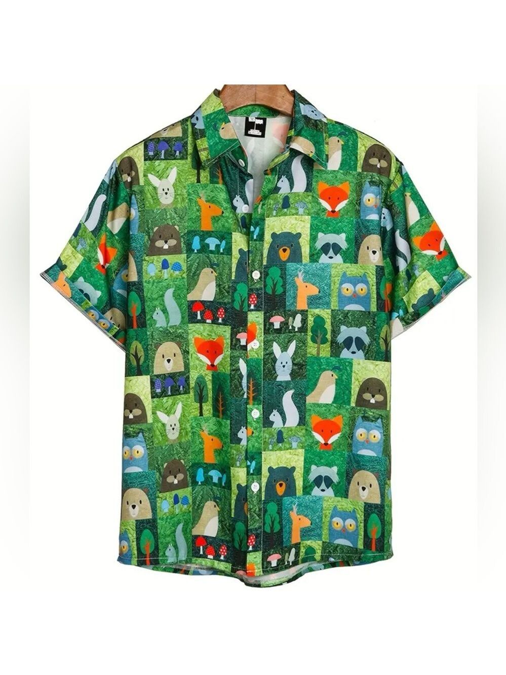 Woodland Whimsy Shirt: Quirky Animal Patchwork Design Men’s button up shirt M 2X